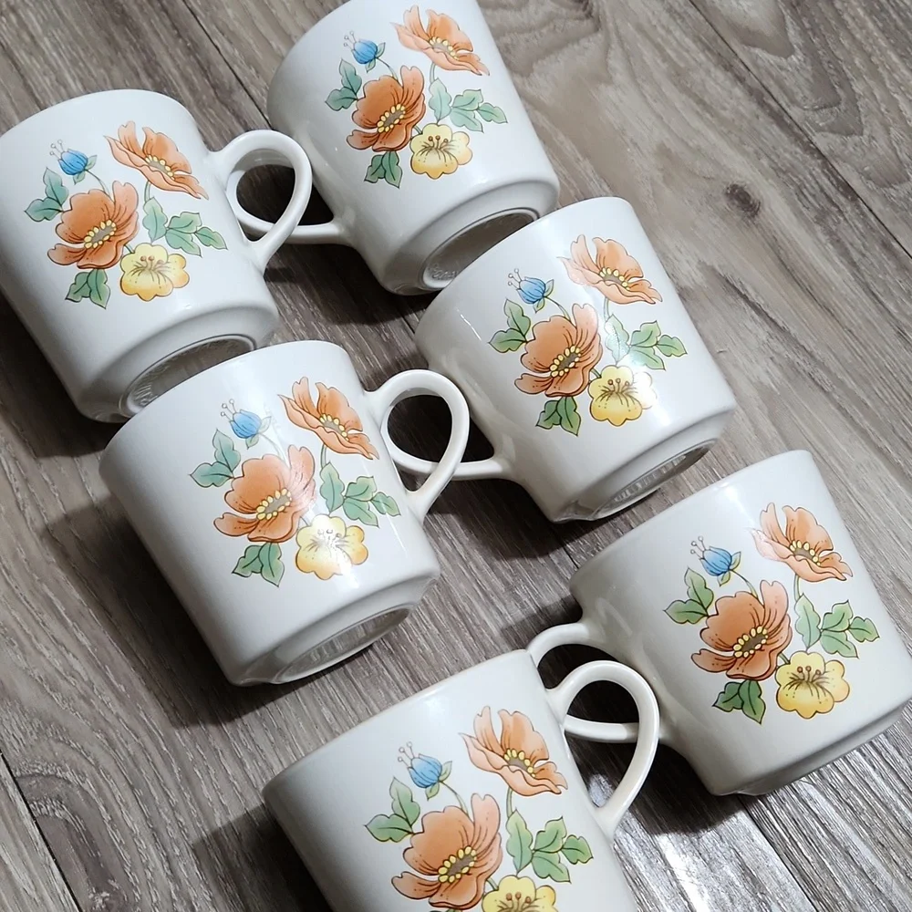 70's Corning Cornerstone Vintage Royal Garden 6 Piece Ceramic Mug Set Floral VTG